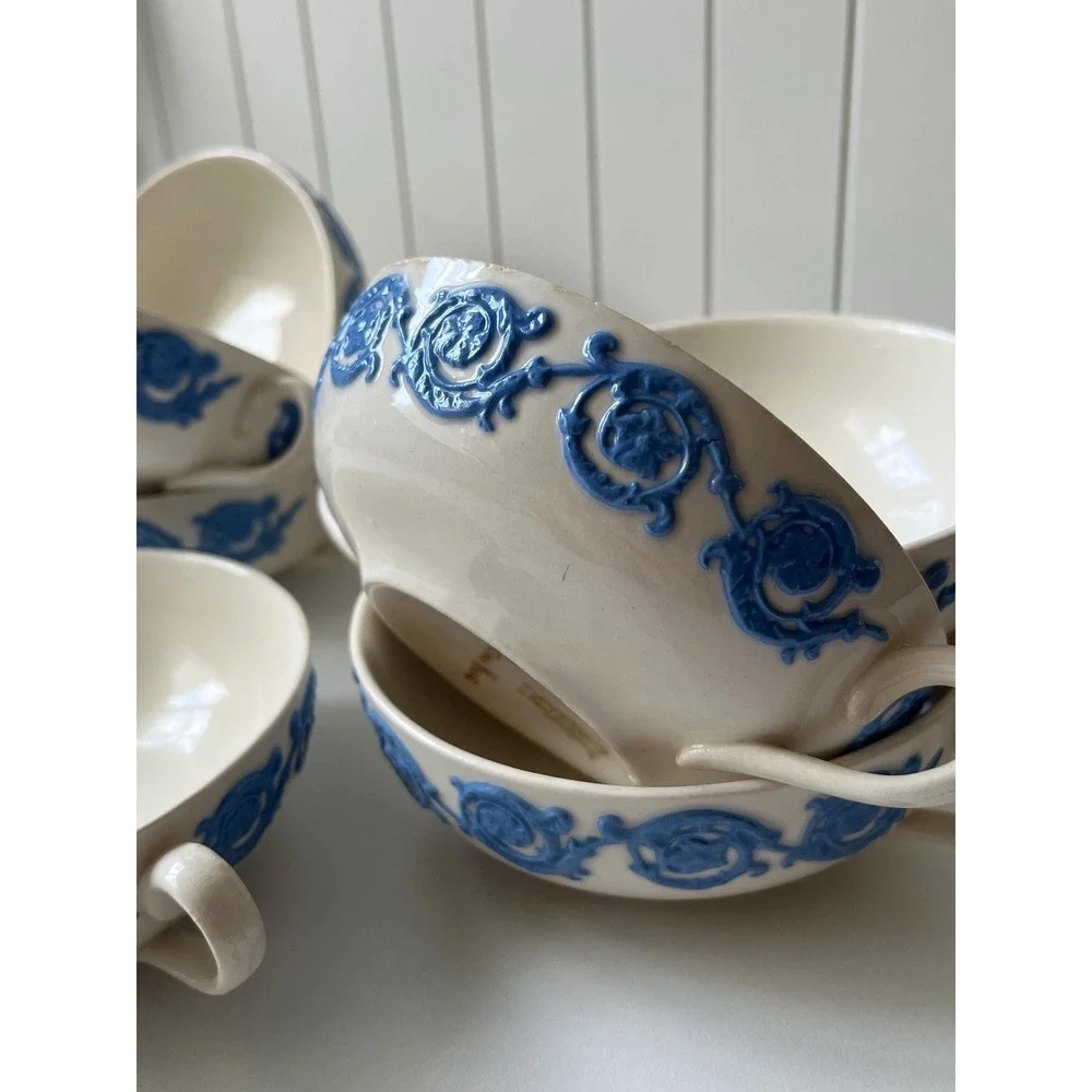 Set of8 Soup Cups ANTIQUE Royal Adams England Ivory Victorian Ware Chelsea Blue